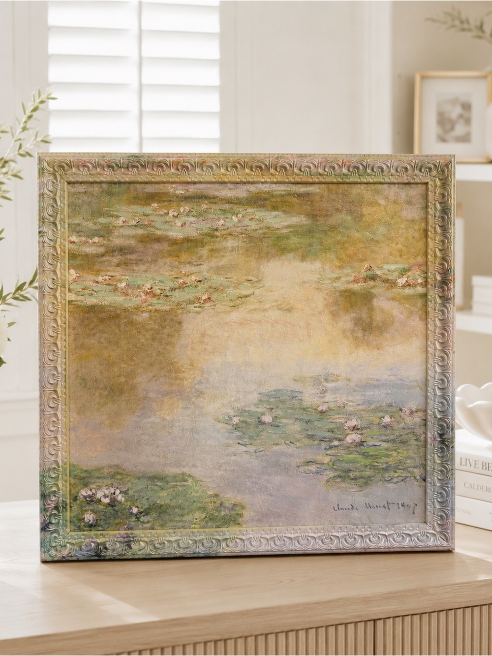 18x18” Water lilies by Claude Monet frame that blends w/ painting. lavander tone